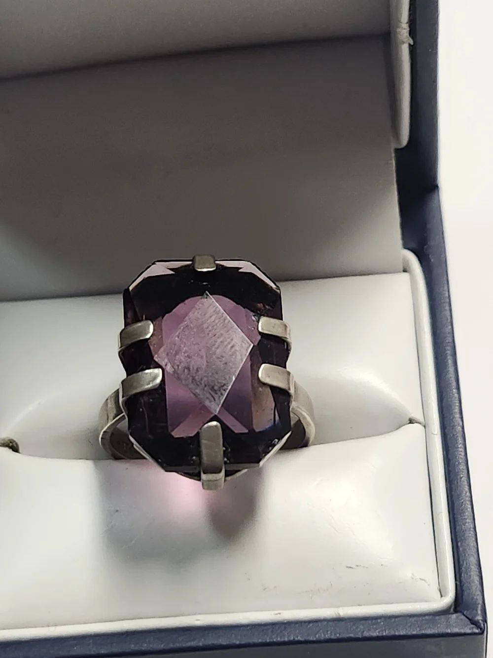 Mid Century Uncas Sterling Vintage Ring Size 6 Adjustable Amythest Colored Glass